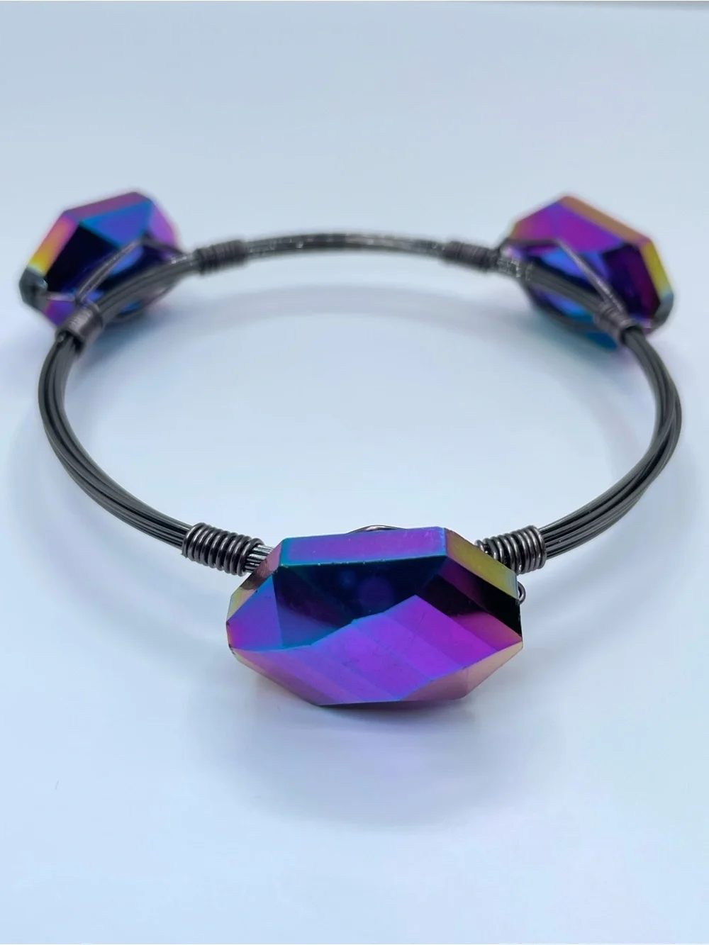 Gunmetal AB Crystal Wire Wrap Bangle Bracelet Iridescent Statement